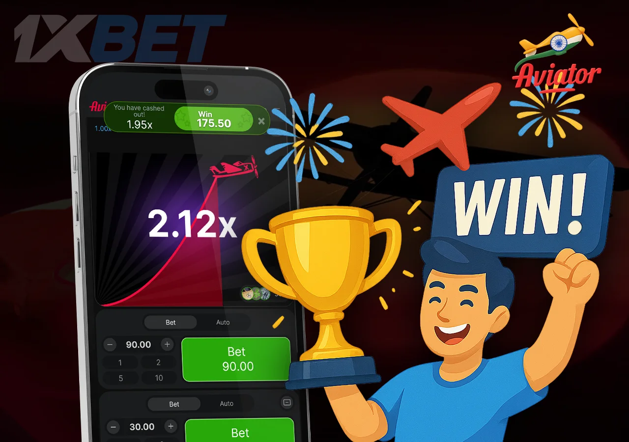 A joyful man with “Win” sign and Aviator game page